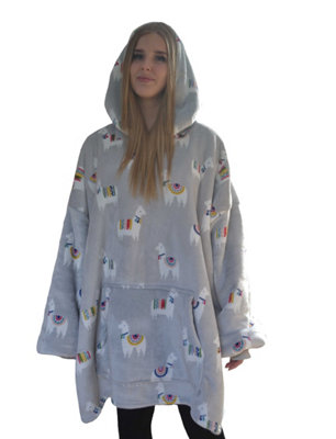 Llamas Grey Sherpa Hoodie Hooded Blanket Cosy Throw DIY at B Q