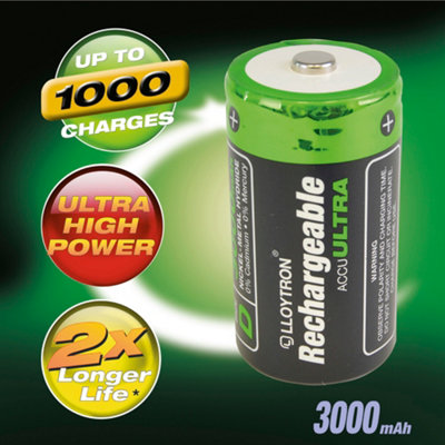 LLOYTRON NiMH Rechargeable AccuUltra Batteries D Size 3000mAh 2 Pack