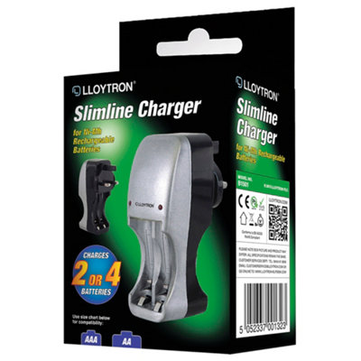 LLOYTRON Slimline AA/AAA Battery Charger for NiMh/NiCd Rechargeable Batteries - Charge 2-4 Batteries at Once
