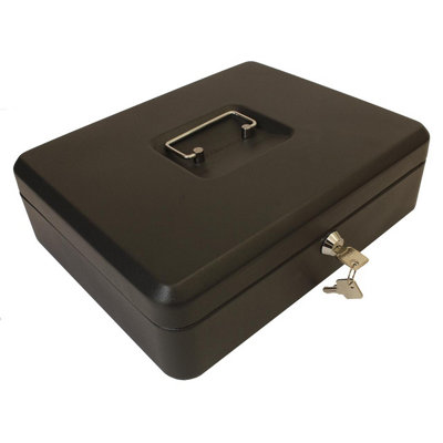 Lockable 12" Steel Cash Box - Money Organiser Safe with Note & Coin Tray, Cylinder Lock & Carry Handle - H9 x W30 x D24cm, Black Price Comparisons | Compare The Build