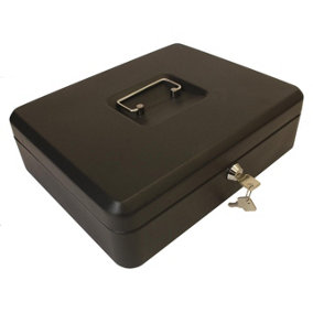 Lockable 12" Steel Cash Box - Money Organiser Safe with Note & Coin Tray, Cylinder Lock & Carry Handle - H9 x W30 x D24cm, Black