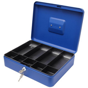 Lockable 12" Steel Cash Box - Money Organiser Safe with Note & Coin Tray, Cylinder Lock & Carry Handle - H9 x W30 x D24cm, Blue