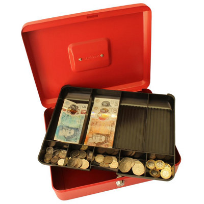 Lockable 12" Steel Cash Box - Money Organiser Safe with Note & Coin Tray, Cylinder Lock & Carry Handle - H9 x W30 x D24cm, Red