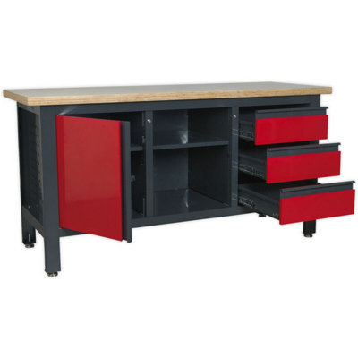 Lockable Workstation- 3 Draw & Cupboard with Pegboard & Adjustable Shelf Storage