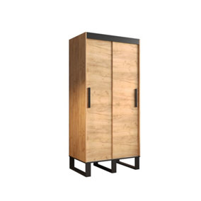 Loft Contemporary 2 Sliding Door Wardrobe 5 Shelves 2 Rails Oak Effect Black Decor (H)2120mm (W)1000mm (D)620mm