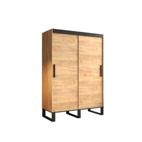 Loft Contemporary 2 Sliding Door Wardrobe 5 Shelves 2 Rails Oak Effect Black Decor (H)2120mm (W)1500mm (D)620mm