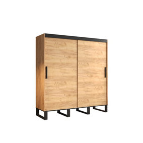 Loft Contemporary 2 Sliding Door Wardrobe 9 Shelves 2 Rails Oak Effect Black Decor (H)2120mm (W)2000mm (D)620mm