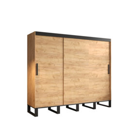 Loft Contemporary 3 Sliding Door Wardrobe 9 Shelves 2 Rails Oak Effect Black Decor (H)2120mm (W)2500mm (D)620mm