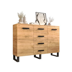 Loft Contemporary Sideboard Cabinet 4 Drawers 2 Doors 2 Shelves Oak Effect (H)1050mm (W)1500mm (D)400mm