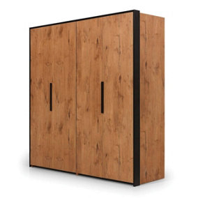 Loft Folding Door Wardrobe - Symmetrical Storage Oak Lancelot & Black - H2040mm W2040mm D600mm