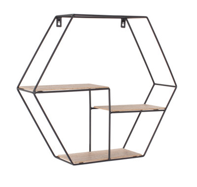 Loft hexagonal display wall shelf - black metal and wood effect