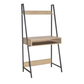 Loft Home Office ladder bookcase desk with oak effect and grey metal frames, oak