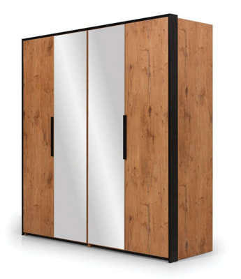 Loft Mirrored Folding Door Wardrobe - Symmetrical Storage Oak Lancelot & Black - H2040mm W2040mm D600mm