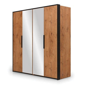 Loft Mirrored Folding Door Wardrobe - Symmetrical Storage Oak Lancelot & Black - H2040mm W2040mm D600mm