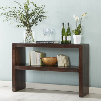 Solid Mango Wood Finish Console Table with Multi Level Shelf