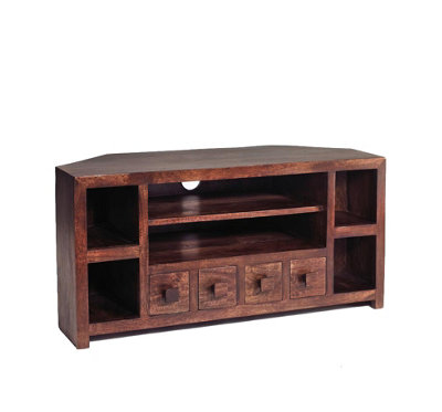 Loft Solid Mango Wood Corner Entertainment Tv Unit With Shelves And 4 Drawers