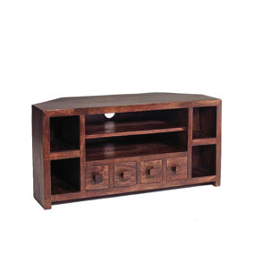 Loft Solid Mango Wood Corner Entertainment Tv Unit With Shelves And 4 Drawers