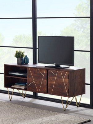 Loft Solid Wood And Metal Gold Legs 2 Shelves & 2 Doors Plasma Media Unit