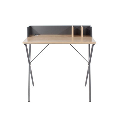 Loft Study Desk, oak effect top with grey metal cross legs