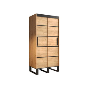 Loft V1 Contemporary 2 Sliding Door Wardrobe 5 Shelves 2 Rails Oak Effect Black Decor (H)2120mm (W)1000mm (D)620mm