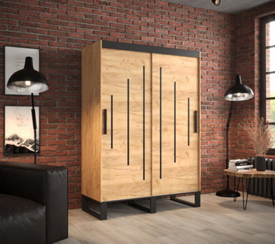 Loft Y Contemporary 2 Sliding Door Wardrobe 5 Shelves 2 Rails Oak Effect Black Decor H 2120mm W 1500mm D 620mm