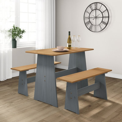 Pine dining table discount and bench set