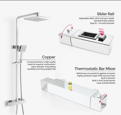 Lois Square Dual Head Thermostatic Shower Mixer Chrome Bathroom Exposed Valve - 4