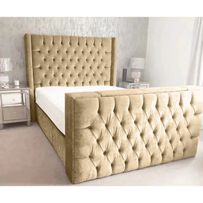 Lokie Plush Velvet Beige TV Bed Frame