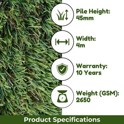 London 45mm Artificial Grass, Extra Premium Pet-Friendly Outdoor Artificial Grass, 10 Years Warranty-15m(49'2") X 4m(13'1")-60m²