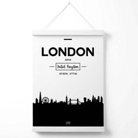 London Black and White City Skyline Poster with Hanger / 33cm / White