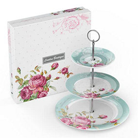 London Boutique 3 Tier Cake Stands Afternoon Tea Cake Stand Plates New Bone China Vintage Flora Gift for Her (Turquoise)