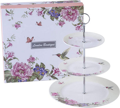 London Boutique 3 Tiered Cake Stands Afternoon tea Porcelain Bird Rose Butterfly in gift box (Beige)