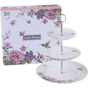 London Boutique 3 Tiered Cake Stands Afternoon tea Porcelain Bird Rose Butterfly in gift box (Beige)