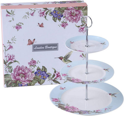 London Boutique 3 Tiered Cake Stands Afternoon tea Porcelain Bird Rose Butterfly in gift box (Blue)