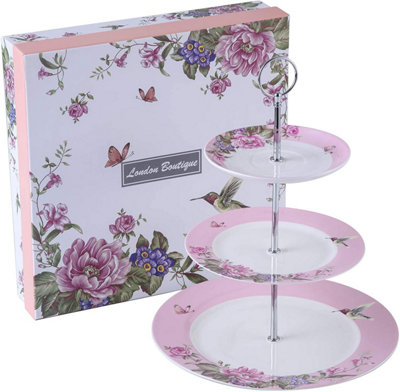 London Boutique 3 Tiered Cake Stands Afternoon tea Porcelain Bird Rose Butterfly in gift box (Pink)