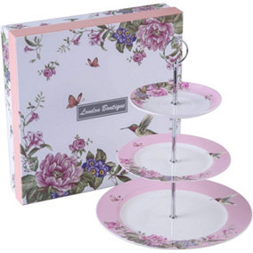 London Boutique 3 Tiered Cake Stands Afternoon tea Porcelain Bird Rose Butterfly in gift box (Pink)