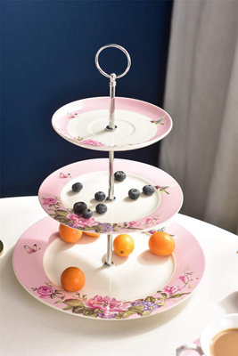 London Boutique 3 Tiered Cake Stands Afternoon tea Porcelain Bird Rose Butterfly in gift box (Pink)