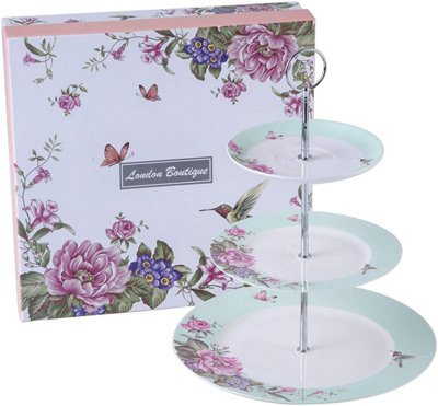 London Boutique 3 Tiered Cake Stands Afternoon tea Porcelain Bird Rose Butterfly in gift box (Turquoise)