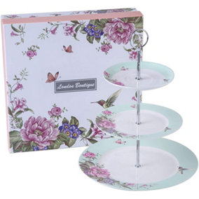 London Boutique 3 Tiered Cake Stands Afternoon tea Porcelain Bird Rose Butterfly in gift box (Turquoise)