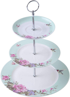 London Boutique 3 Tiered Cake Stands Afternoon tea Porcelain Bird Rose Butterfly in gift box (Turquoise)
