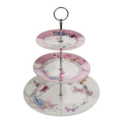London Boutique 3 Tiered Cake Stands Afternoon tea Porcelain Shabby Chic Butterfly in gift box