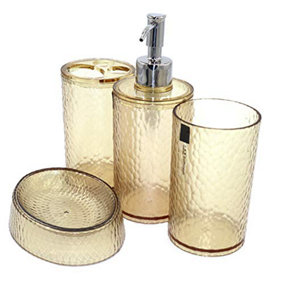 London Boutique 4 Pieces Bathroom Accessory Set Clear Soap Dispenser Toothbrush Holder Tumbler Soap dish (Clear Brown)
