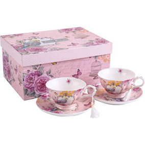 London Boutique Coffee Tea cup and Saucer set 2 Vintage Retro Rose porcelain set Gift Box (Vintage Summer)