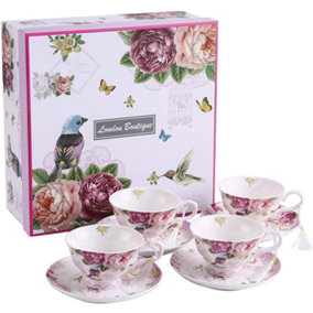 London Boutique Coffee Tea cup and Saucer set 4 Shabby Chic Vintage porcelain Bird Butterfly Flora Gift Box (Bird Rose Butterfly)