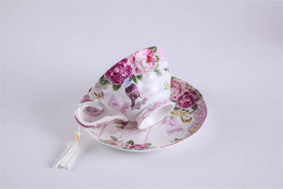 London Boutique Coffee Tea cup and Saucer set 4 Shabby Chic Vintage porcelain Bird Butterfly Flora Gift Box (Bird Rose Butterfly)