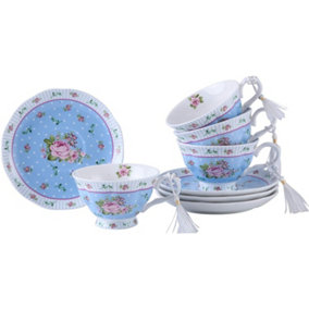 London Boutique Coffee Tea cup and Saucer set 4 Shabby Chic Vintage porcelain Bird Butterfly Flora Gift Box (Rose Blue)
