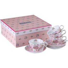 London Boutique Coffee Tea cup and Saucer set 4 Shabby Chic Vintage porcelain Bird Butterfly Flora Gift Box (Rose Pink)