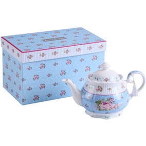 London Boutique Extra Large Teapot Fine China Shabby Chic Vintage Floral in Gift box (Teapot Rose Blue)