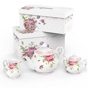London Boutique Large Teapot Milk Jug Sugar Bowl Afternoon Tea Set Fince China Vintage Flora Gift Box (Whole Set)