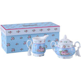 London Boutique Sugar Bowl and Cream Milk Jug Shabby Chic Vintage Floral in Gift box (Rose Blue)